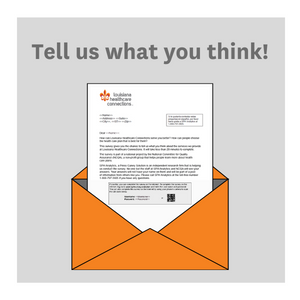 Image Text: Tell us what you think! Image Graphic: Survey letter coming out of envelope