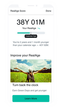 Phone screen example of Sharecare app homepage, including an example of how your RealAge score looks. 
