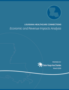 Cover of the 2021 Economic Impact Report. Dark blue with the document title and the Baton Rouge Area Chamber logo. 