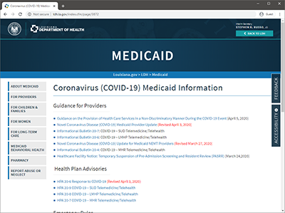 Screenshot of the LDH COVID19 Medicaid Info Page